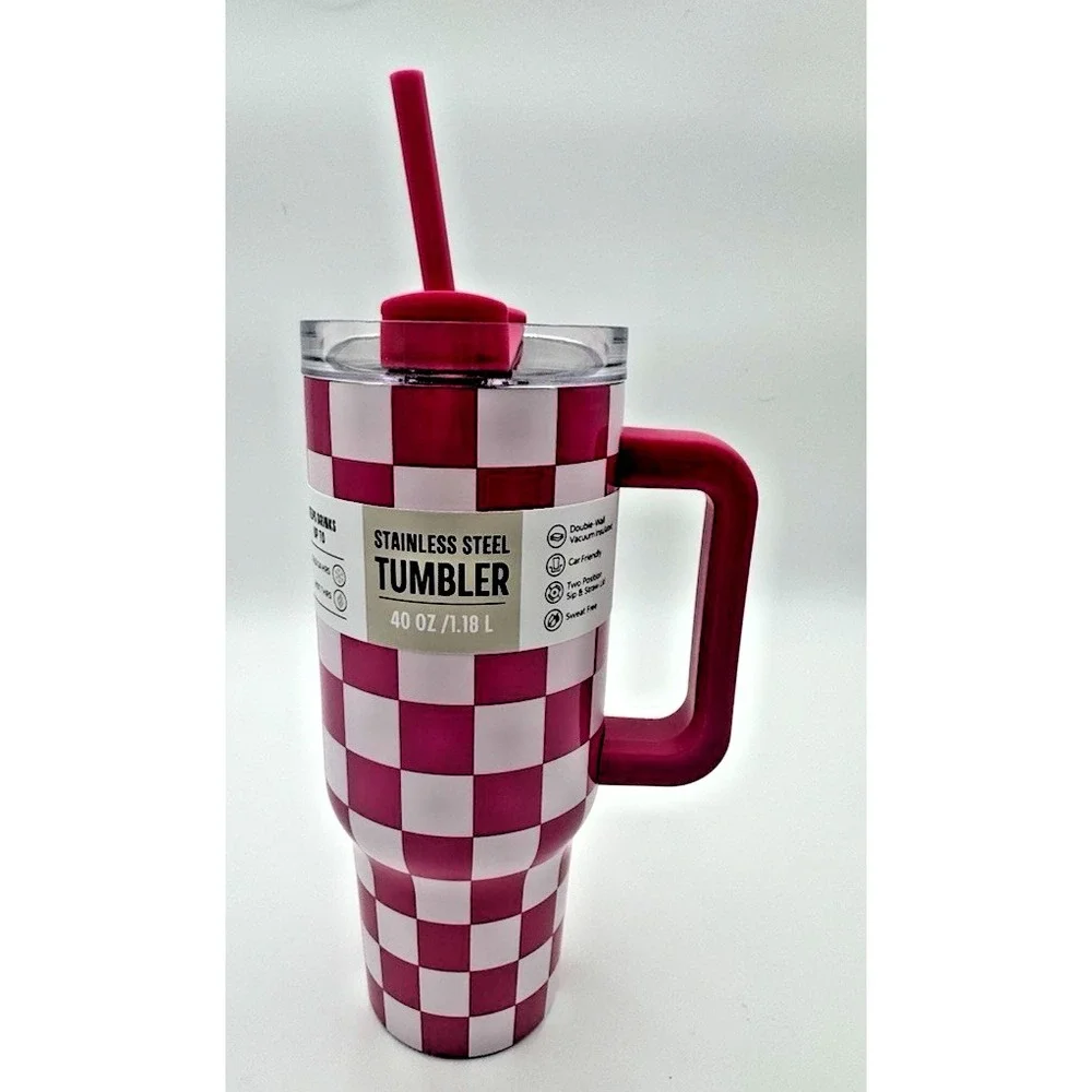 Stainless Steel 40oz Quencher H2.0 FlowState Tumbler Fuchsia Checker Pink NEW